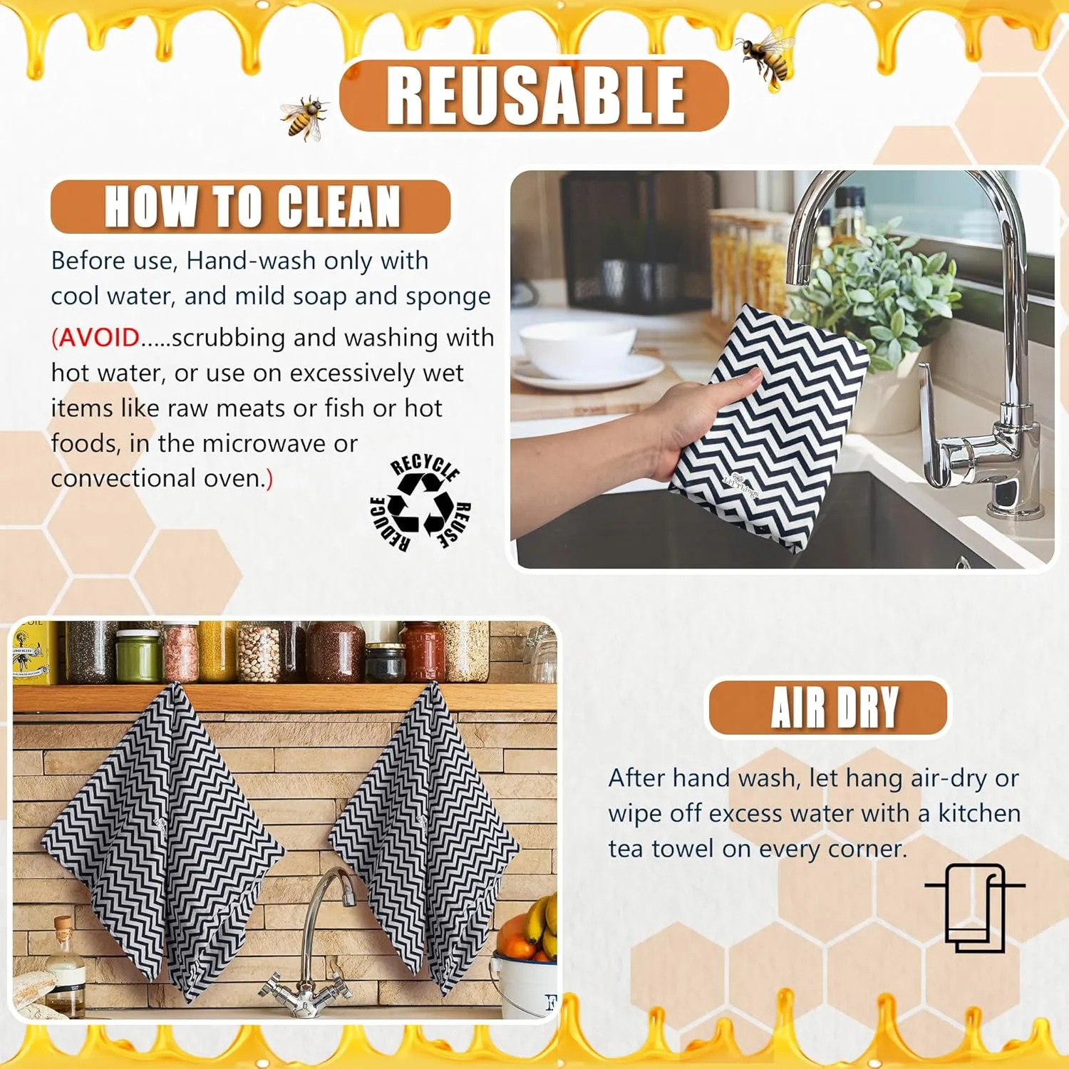 Li'l Things Eco-friendly Reusable Beeswax Bread bags | Improved Beeswax Coating | Set of 2 Sizes | 13'x13' & 15’x 9’ | 6 Different Themes | Great for Home-Baked Store Bought Bread | Black Zig Zag