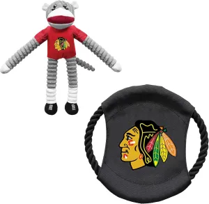 Littlearth Chicago Blackhawks NHL Sock Monkey and Flying Disc Pet Toy Combo Set