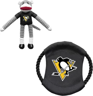 Littlearth Pittsburgh Penguins NHL Sock Monkey and Flying Disc Pet Toy Combo Set