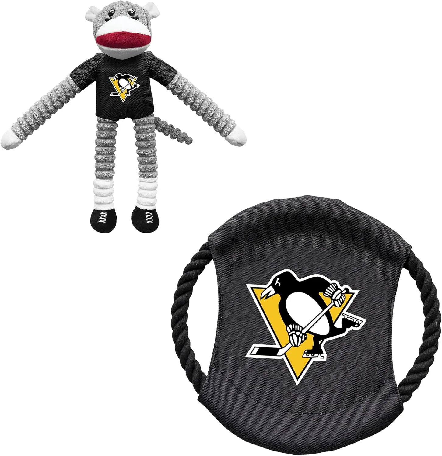Littlearth Pittsburgh Penguins NHL Sock Monkey and Flying Disc Pet Toy Combo Set