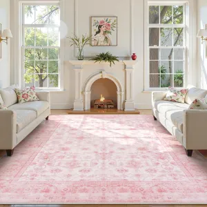 LIVEBOX 8x10 Pink Area Rug for Living Room, Vintage Soft Washable Bedroom Area Rugs, Non-Slip Foldable Floral Rug, Indoor Carpet for Dining Room Nursery Dorm Home Decor