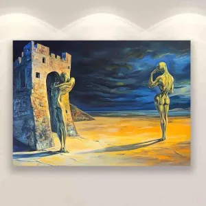 LJMRUICI A statue stood, lea against a dilapidated castle. An statue held its head as if in contemplation or having an idea. canvas wall art abstract,16x24inch