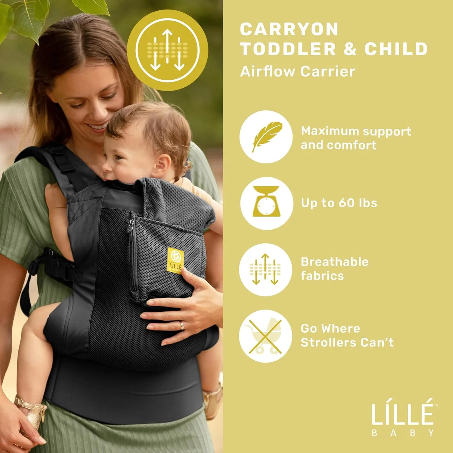 LÍLLÉbaby 3-in-1 Ergonomic CarryOn Airflow Toddler Carrier with Lumbar Support & Breathable Mesh Lining (25-60 lbs), Supportive & Comfortable, Multi-Position Carrying for Hiking & Travel (Black)