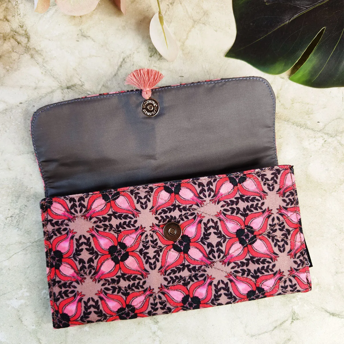 Long Flap Wallet- Black Maroon Floral