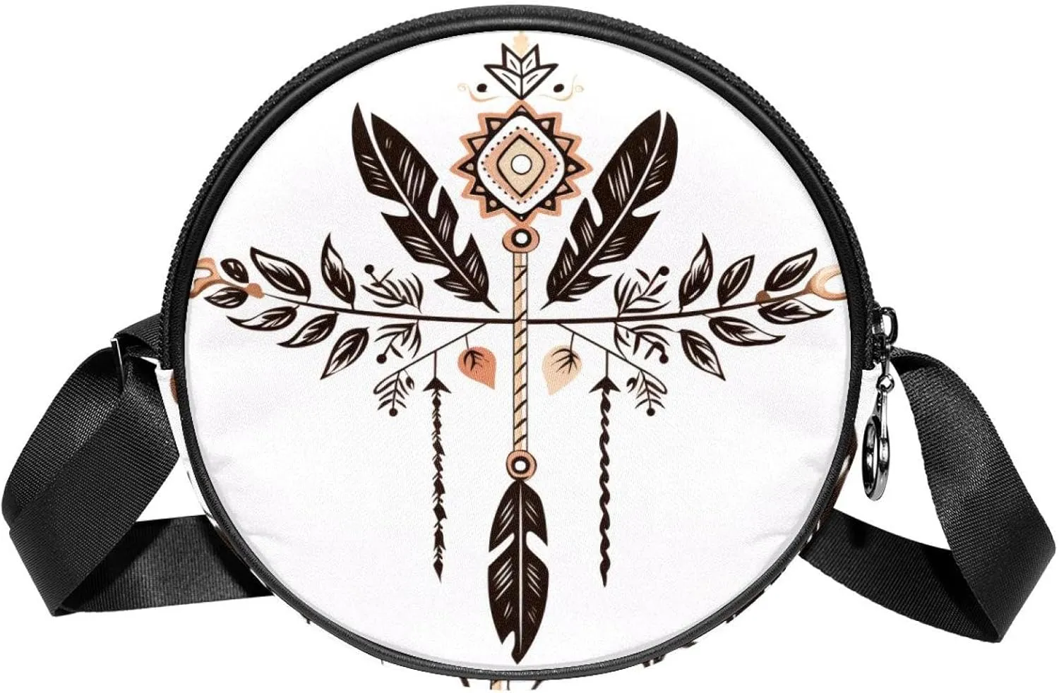 Long Strap Crossbody Bag, Round, Shoulder Bag for Women, arrow and feathers