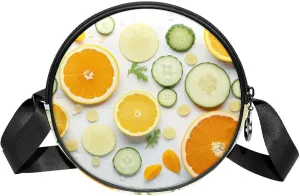 Long Strap Crossbody Bag, Round, Shoulder Bag for Women, Orange Cucumber and Leaf