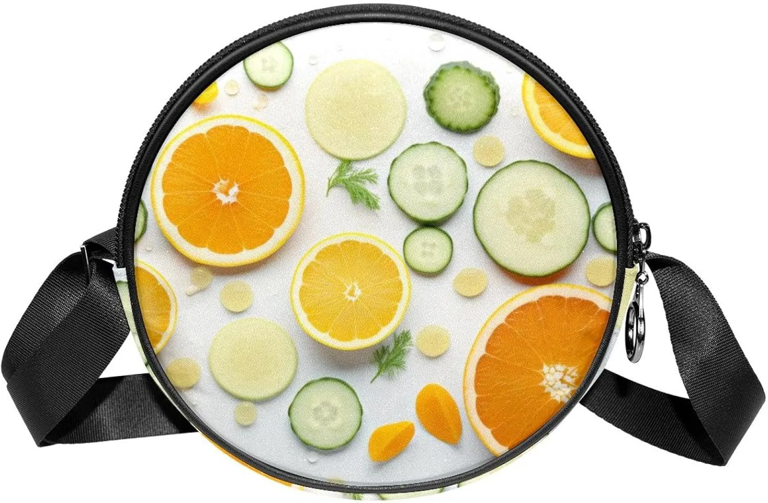 Long Strap Crossbody Bag, Round, Shoulder Bag for Women, Orange Cucumber and Leaf