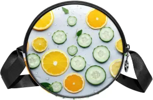 Long Strap Crossbody Bag, Round, Shoulder Bag for Women, Orange Cucumber Pattern