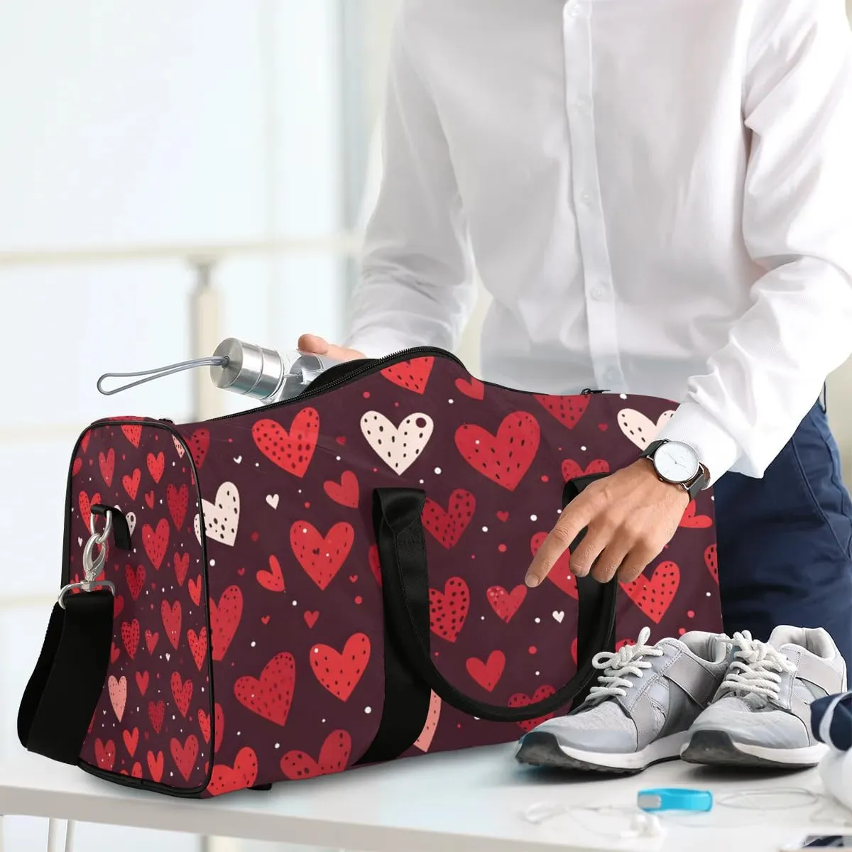 Love Heart Travel Duffel Bag for Women Men Waterproof Foldable Overnight Weekender Bag Large Capacity Sports Gym Bag