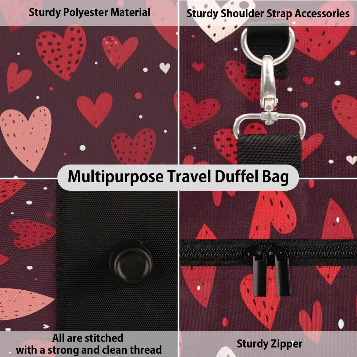 Love Heart Travel Duffel Bag for Women Men Waterproof Foldable Overnight Weekender Bag Large Capacity Sports Gym Bag