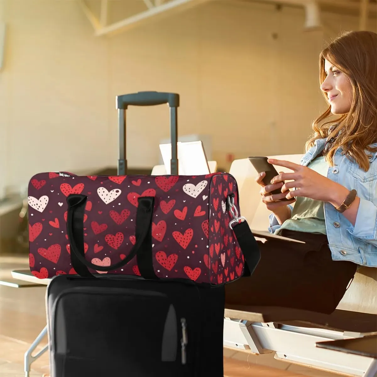 Love Heart Travel Duffel Bag for Women Men Waterproof Foldable Overnight Weekender Bag Large Capacity Sports Gym Bag