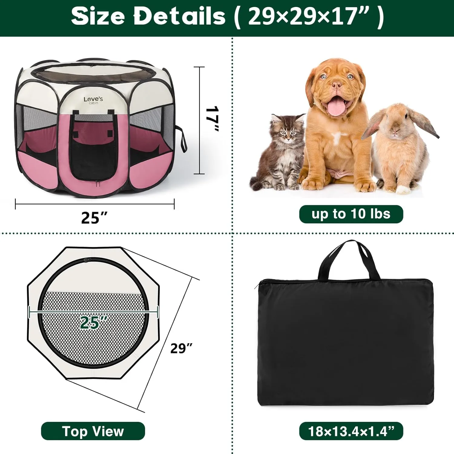Love's cabin Pet Puppy Dog Playpen, Small Dog Tent Crates Cage Indoor/Outdoor, Portable Playpen for Cat, Foldable Pop Up Dog Kennel Playpen with Carring Case, Removable Zipper Top, Pink