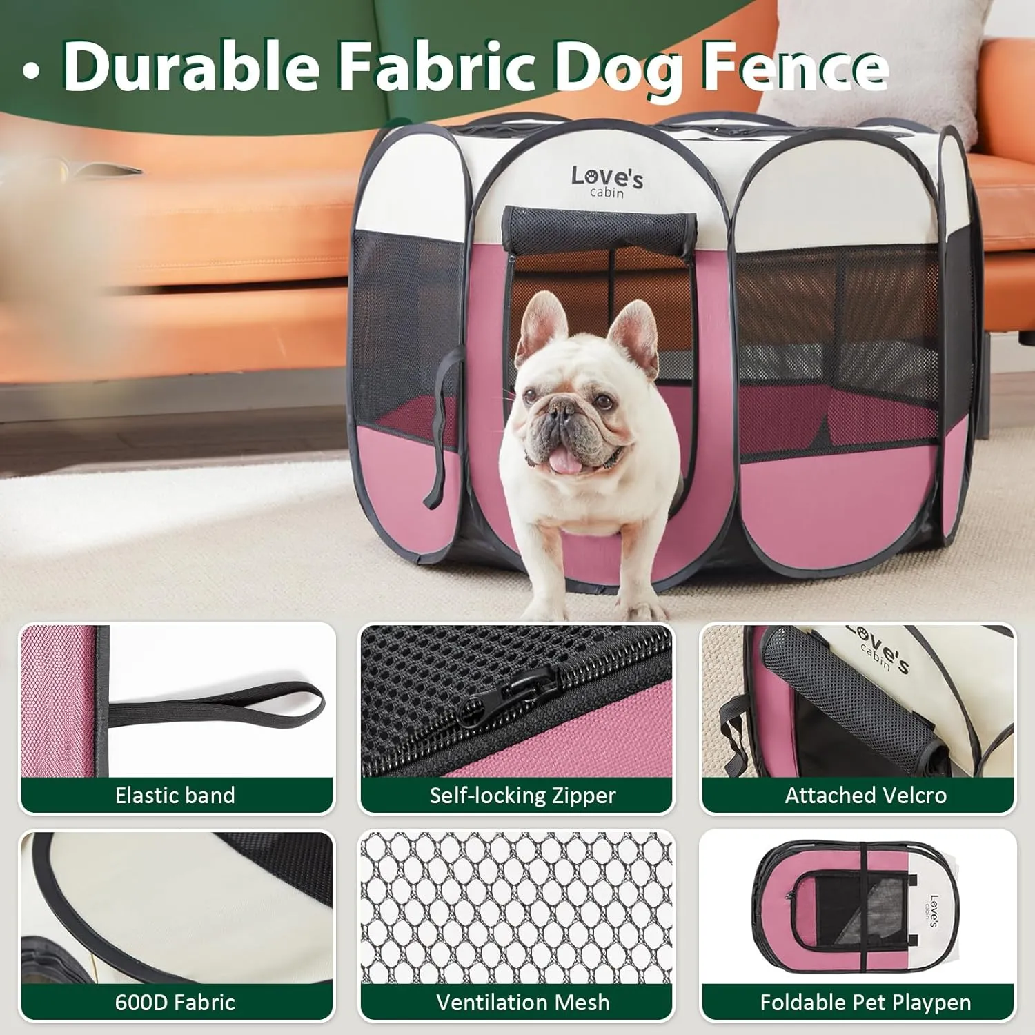 Love's cabin Pet Puppy Dog Playpen, Small Dog Tent Crates Cage Indoor/Outdoor, Portable Playpen for Cat, Foldable Pop Up Dog Kennel Playpen with Carring Case, Removable Zipper Top, Pink