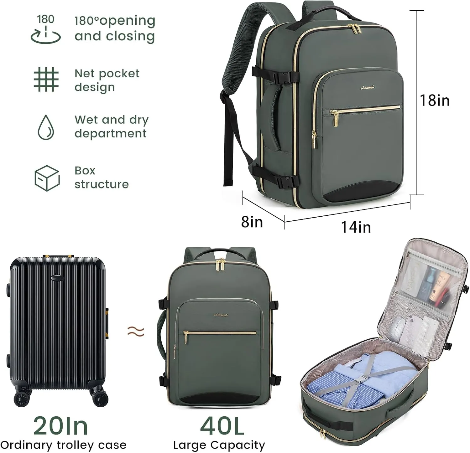 LOVEVOOK 40L Large Travel Backpack for Women Men, 17 Inch Carry on Backpack for Traveling on Airplane, Personal Item Travel Bag Airline Approved, Business Causal Weekender Backpack, Grey Green-Black