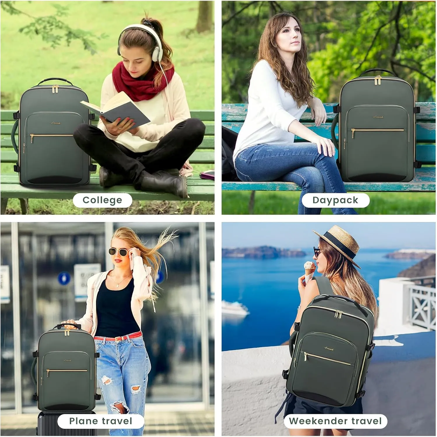 LOVEVOOK 40L Large Travel Backpack for Women Men, 17 Inch Carry on Backpack for Traveling on Airplane, Personal Item Travel Bag Airline Approved, Business Causal Weekender Backpack, Grey Green-Black