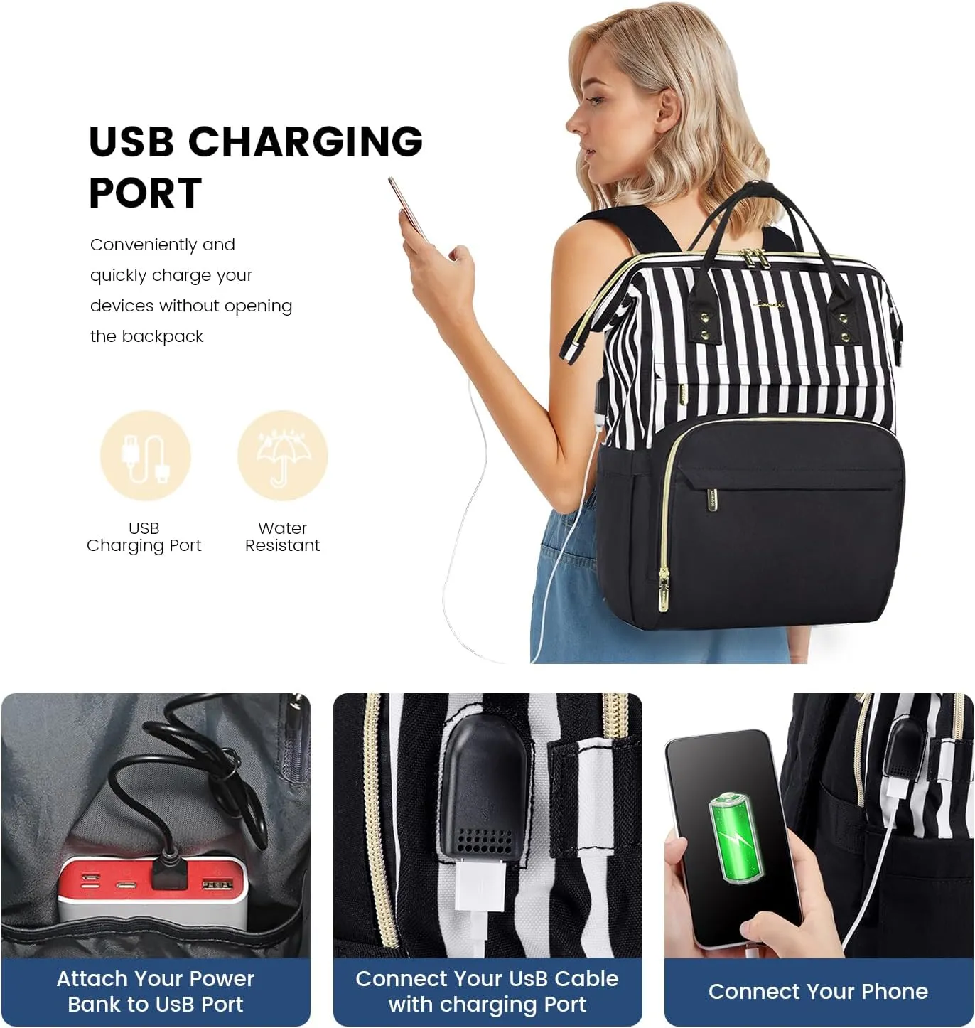 LOVEVOOK College Laptop Backpack, 15.6 Inch Travel Backpack for College, Waterproof Work Backpack Woman for Teacher Nurse Anti-theft Travel Back Pack, Gifts for Women, Black-Stripe