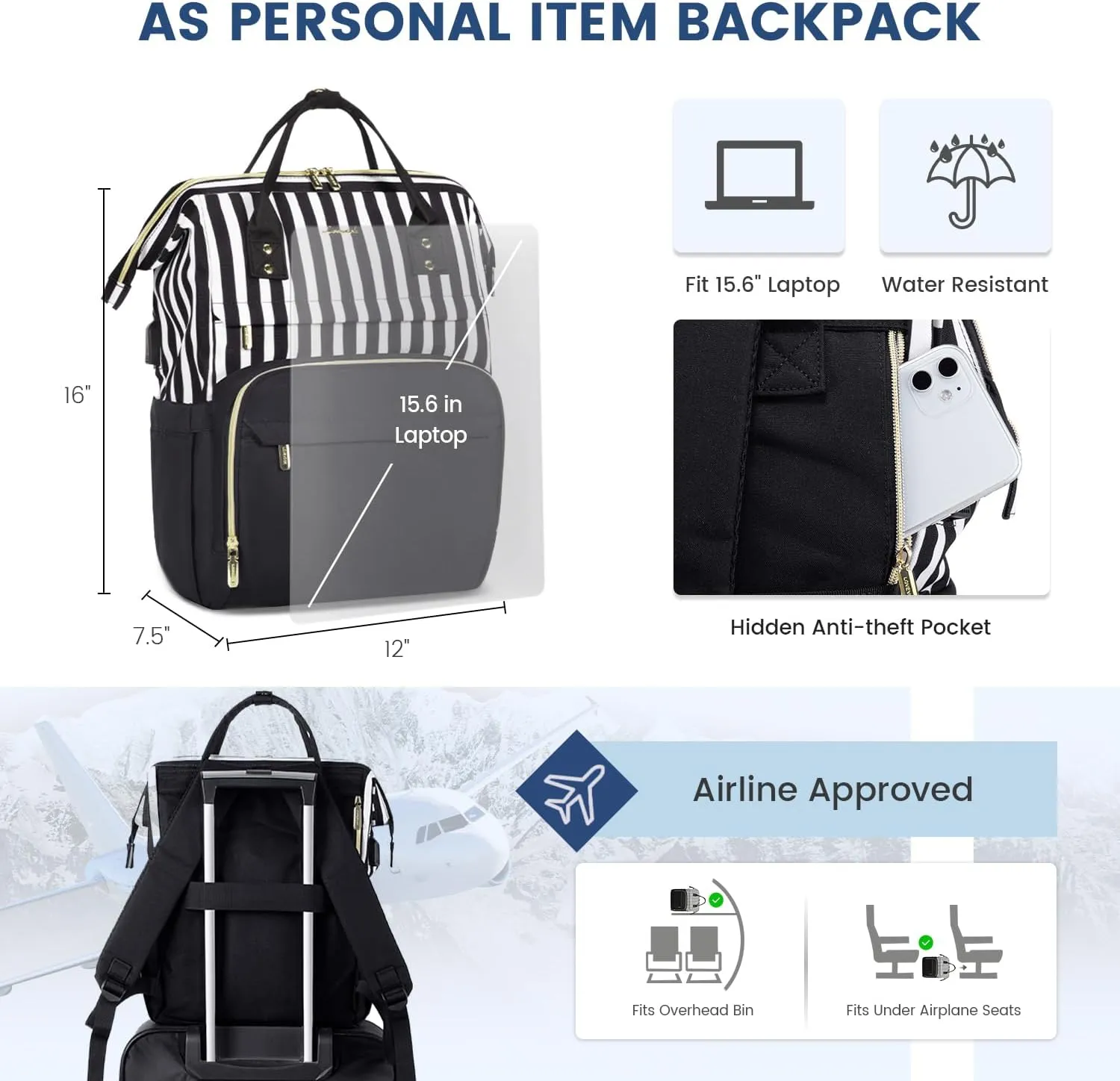 LOVEVOOK College Laptop Backpack, 15.6 Inch Travel Backpack for College, Waterproof Work Backpack Woman for Teacher Nurse Anti-theft Travel Back Pack, Gifts for Women, Black-Stripe