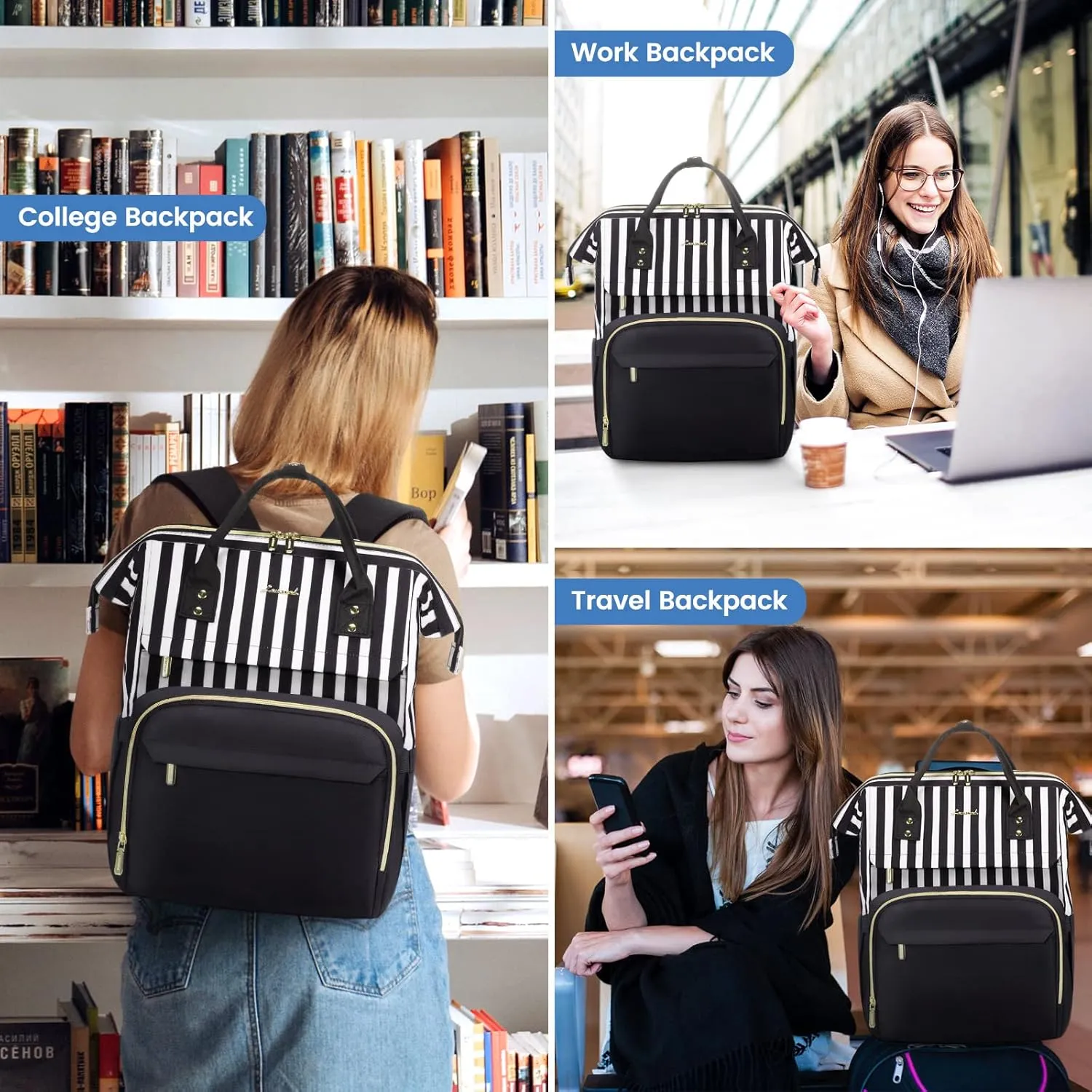 LOVEVOOK College Laptop Backpack, 15.6 Inch Travel Backpack for College, Waterproof Work Backpack Woman for Teacher Nurse Anti-theft Travel Back Pack, Gifts for Women, Black-Stripe
