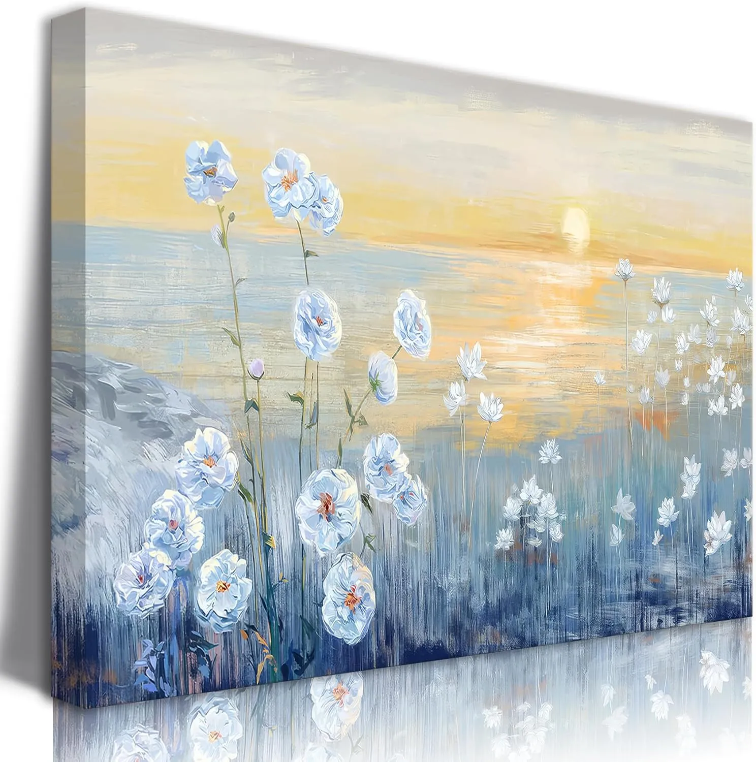 LSXARTQQ Large Blue Floral Wall Art Modern Coastal Canvas Wall Decor Nature Beach Sunrise Sunset Prints Ocean Flower Landscape Picture Zen Abstract Painting for Living Room Bedroom Office(12x16inch)
