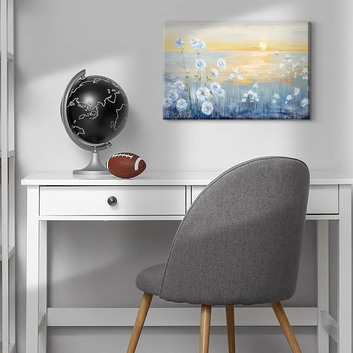 LSXARTQQ Large Blue Floral Wall Art Modern Coastal Canvas Wall Decor Nature Beach Sunrise Sunset Prints Ocean Flower Landscape Picture Zen Abstract Painting for Living Room Bedroom Office(12x16inch)