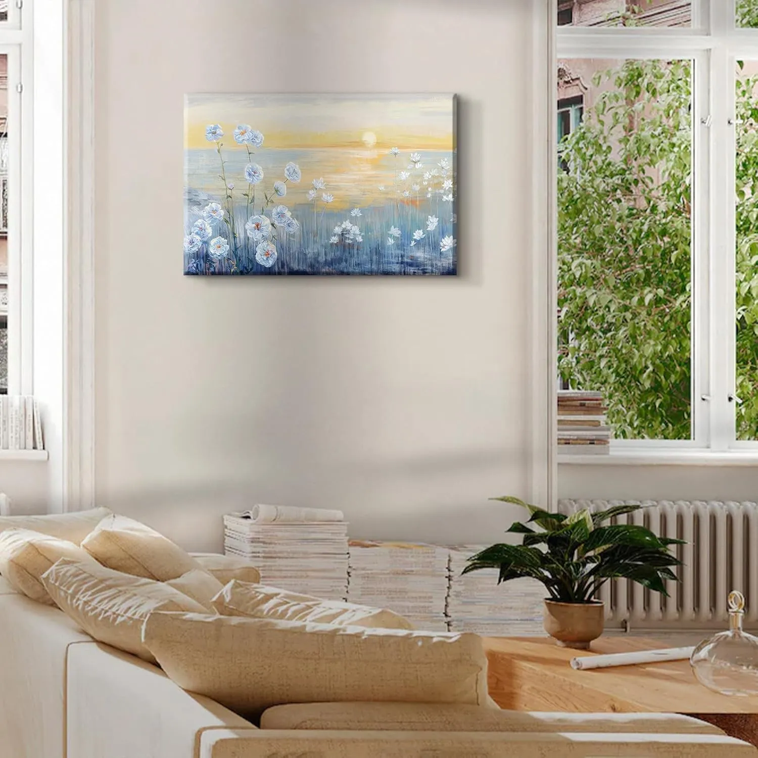LSXARTQQ Large Blue Floral Wall Art Modern Coastal Canvas Wall Decor Nature Beach Sunrise Sunset Prints Ocean Flower Landscape Picture Zen Abstract Painting for Living Room Bedroom Office(12x16inch)