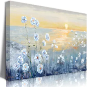 LSXARTQQ Large Blue Floral Wall Art Modern Coastal Canvas Wall Decor Nature Beach Sunrise Sunset Prints Ocean Flower Landscape Picture Zen Abstract Painting for Living Room Bedroom Office(12x16inch)