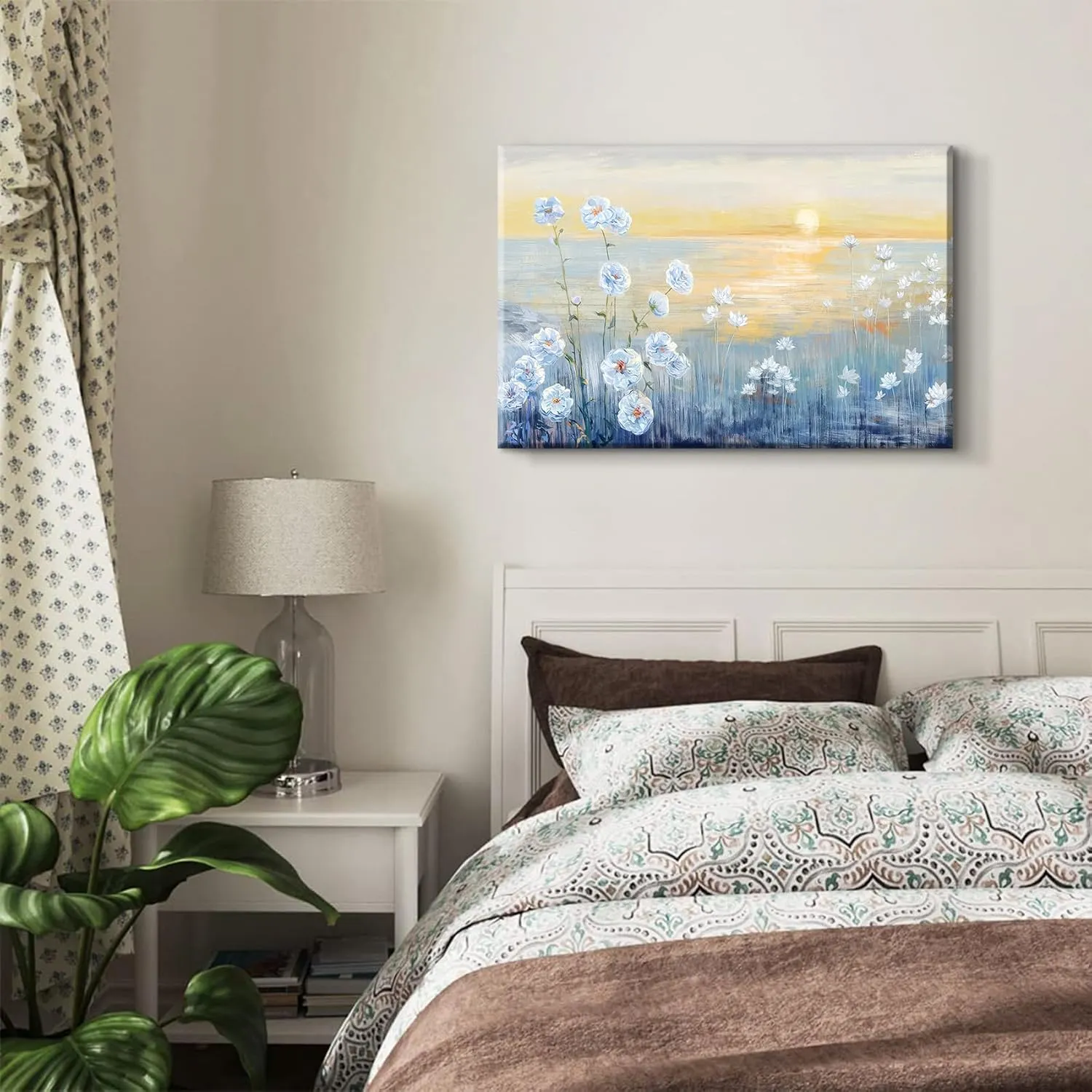 LSXARTQQ Large Blue Floral Wall Art Modern Coastal Canvas Wall Decor Nature Beach Sunrise Sunset Prints Ocean Flower Landscape Picture Zen Abstract Painting for Living Room Bedroom Office(12x16inch)