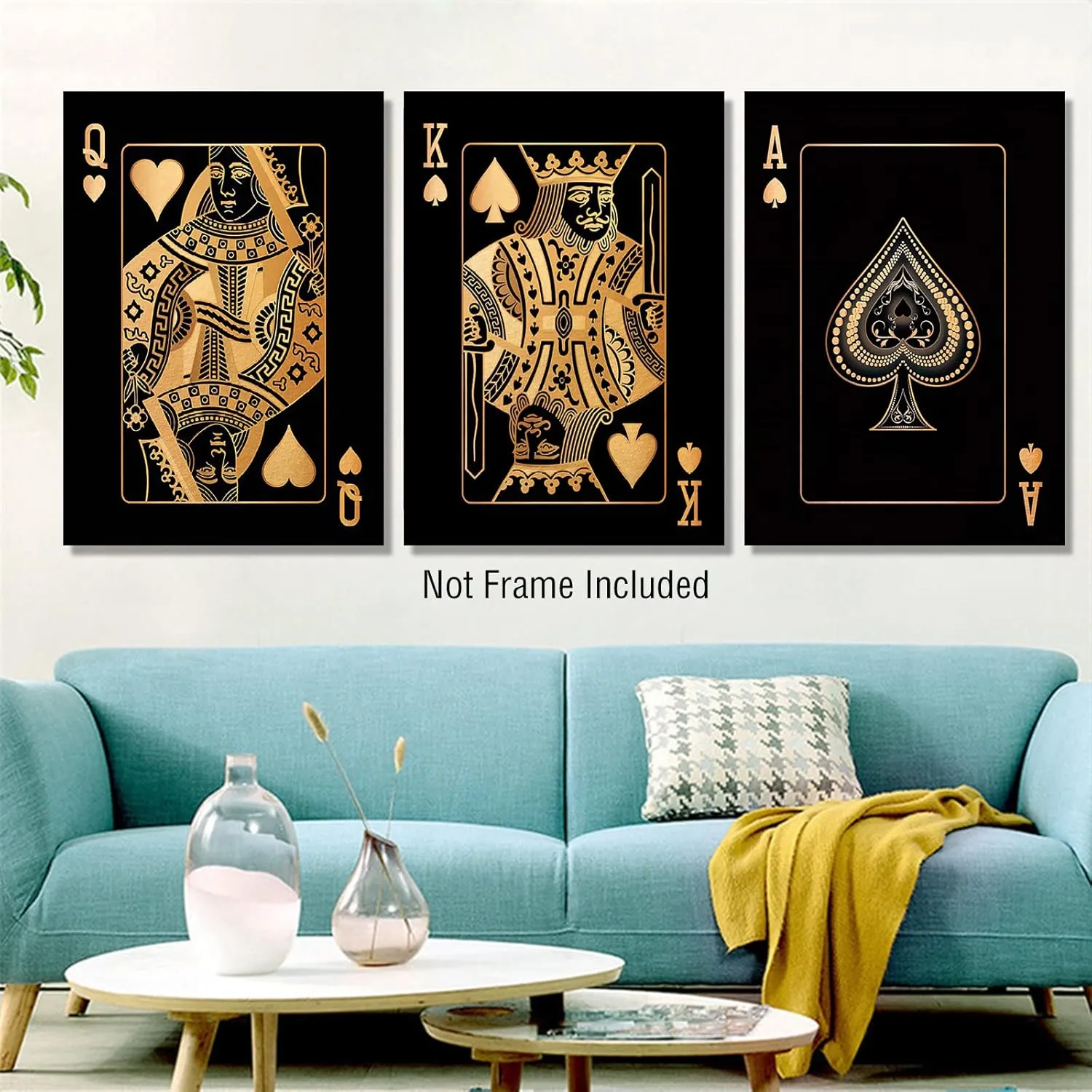 LUHDFYS Gold Silver Playing Card Canvas Wall Art King and Jack Queen Cards Wall Art Retro Playing Ace of Spade Card Poker Wall Art Canvas Prints for Living Room Bedroom Bar Decor Unframed