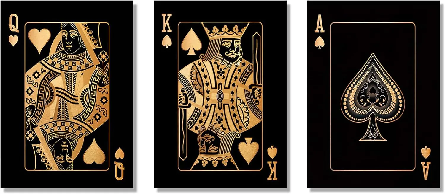 LUHDFYS Gold Silver Playing Card Canvas Wall Art King and Jack Queen Cards Wall Art Retro Playing Ace of Spade Card Poker Wall Art Canvas Prints for Living Room Bedroom Bar Decor Unframed