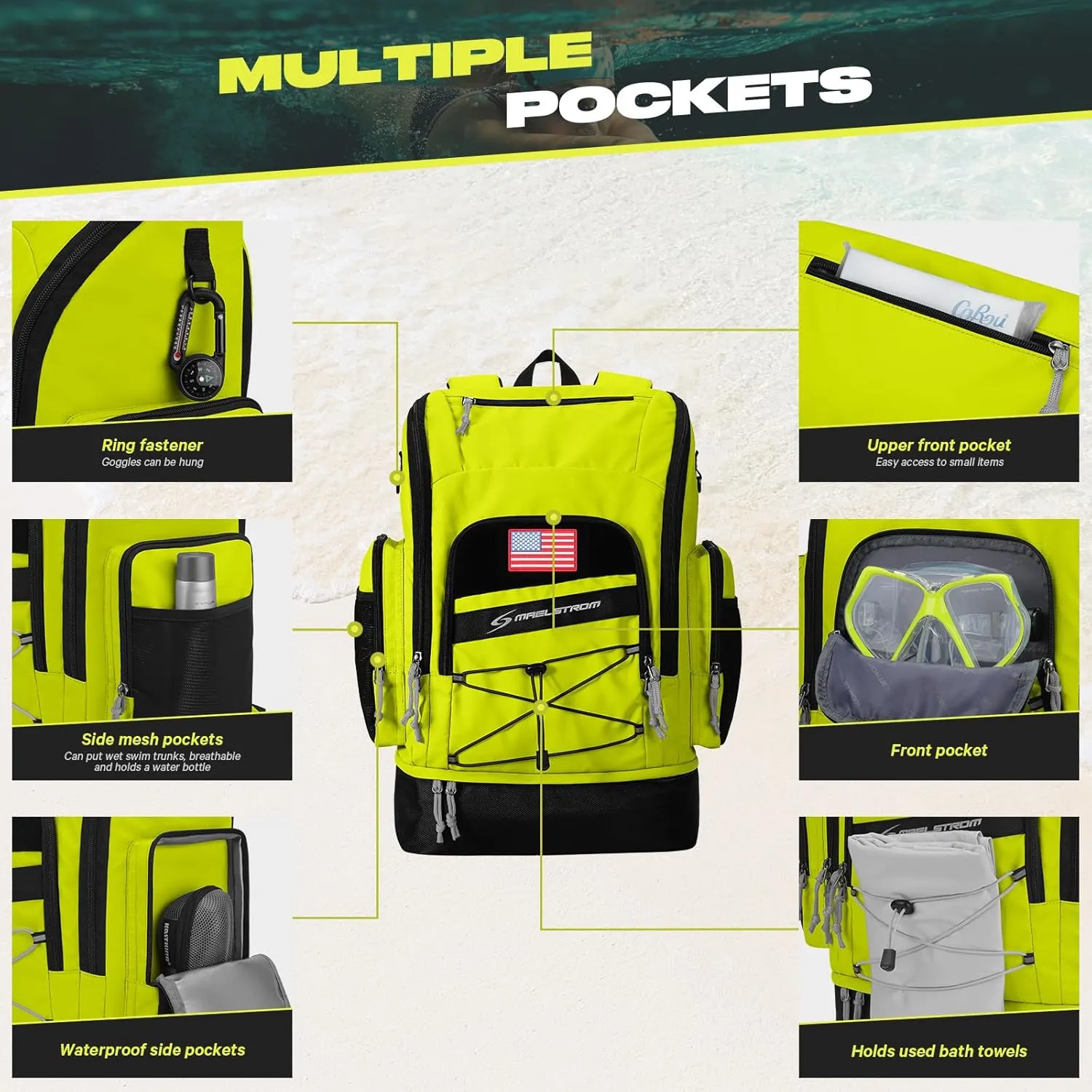 Maelstrom Swim Backpack,35L Swimming bag with Separate Shoes Compartment,Swim Gear Bag,Athlete Gym Rucksack for Men and Women
