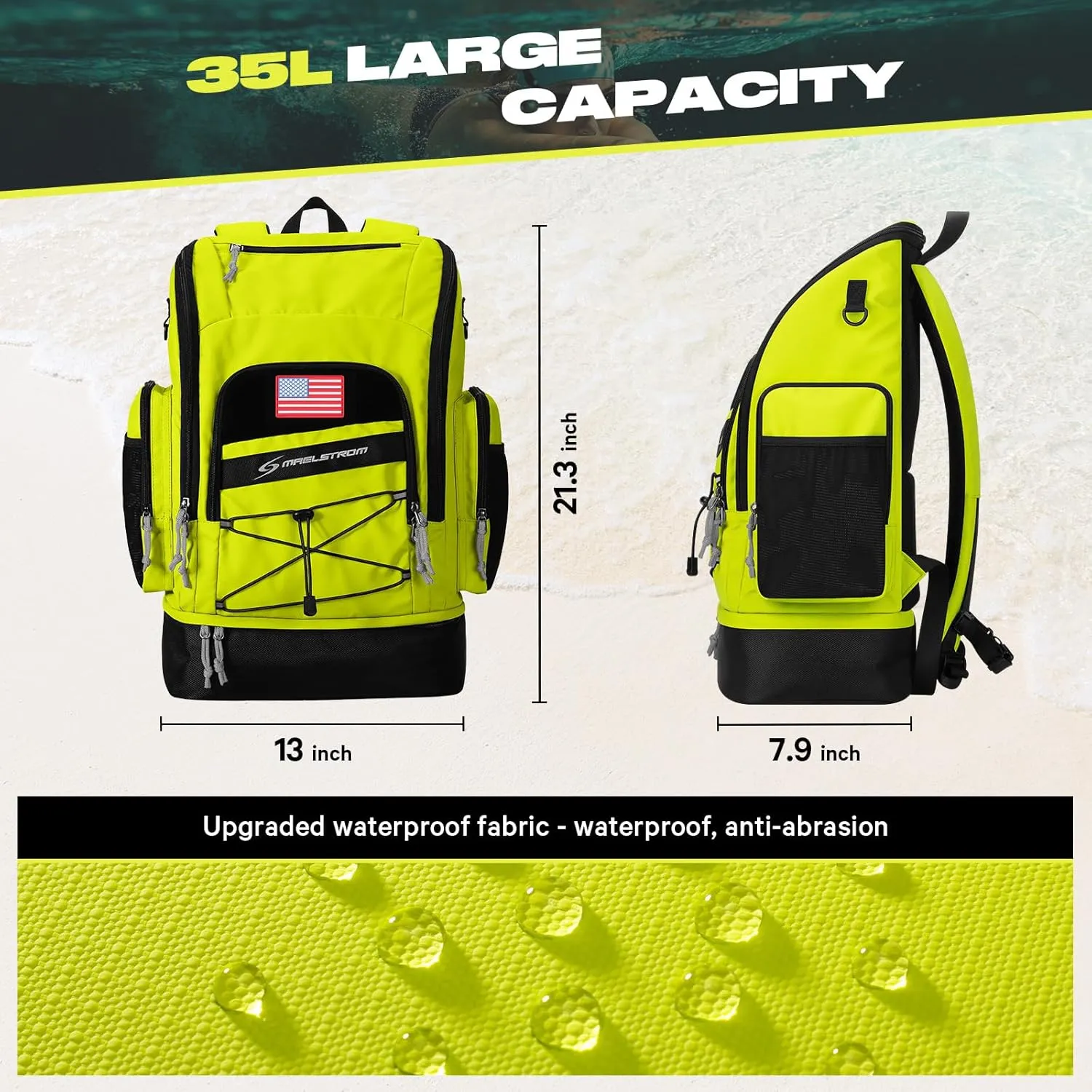Maelstrom Swim Backpack,35L Swimming bag with Separate Shoes Compartment,Swim Gear Bag,Athlete Gym Rucksack for Men and Women