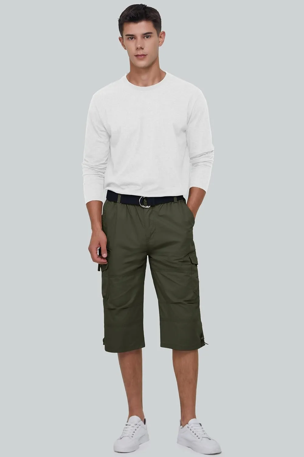 MAGCOMSEN Mens Cargo Shorts Long Capri Elastic Below The Knee 3/4 Cotton Casual Summer Shorts with Pockets