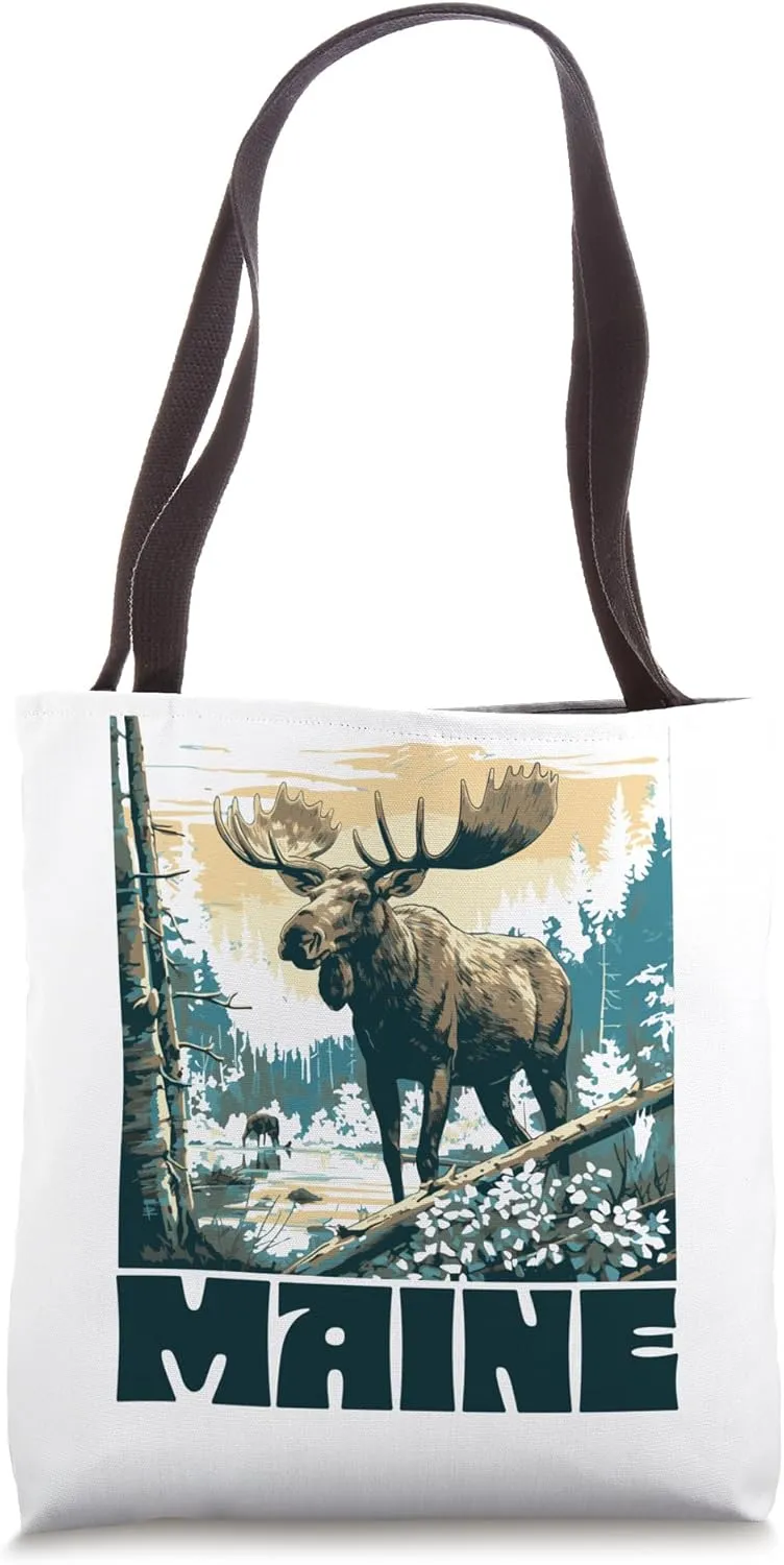 Maine Outdoors Vintage Moose Art Retro 70s Tote Bag