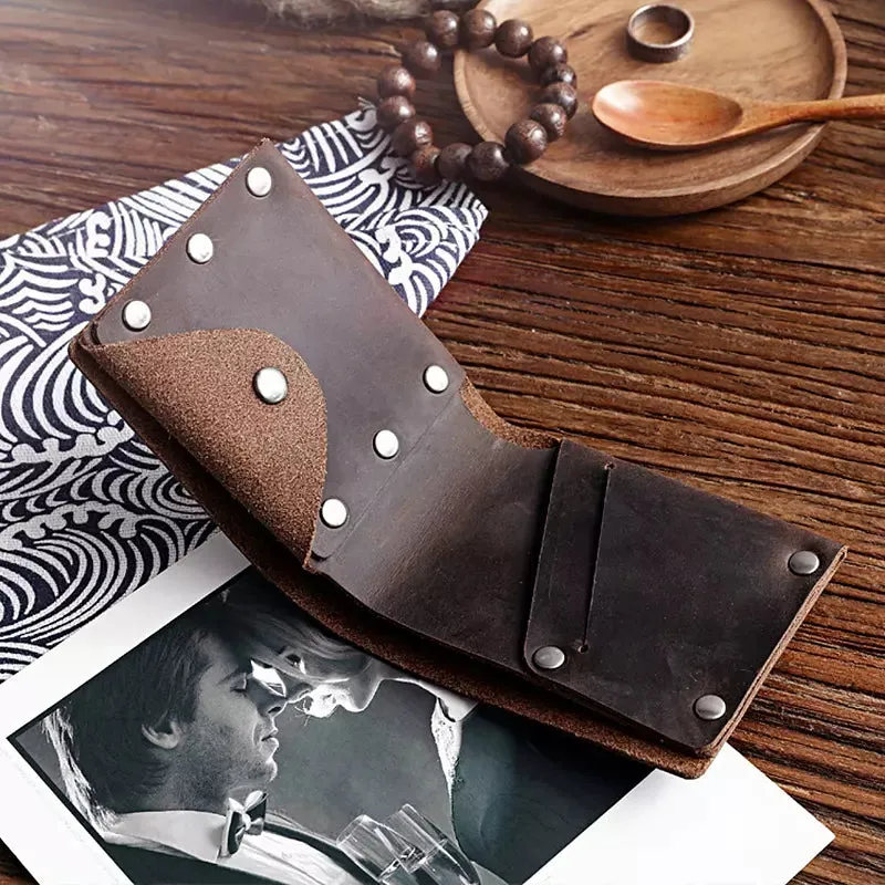 Male Vintage Handmade Crazy Horse Cowhide Short Bifold Wallets