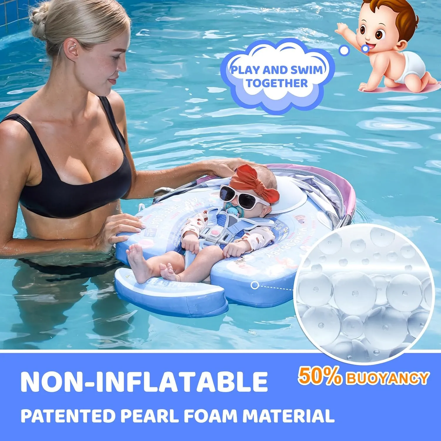 Mambobaby Baby Pool Float with Canopy & Tail Non-Inflatable Solid Baby Swim Float for Infants Toddlers 3-24 Months Upgrade Soft Waterproof Skin-Friendly Material Infant Swimming Float