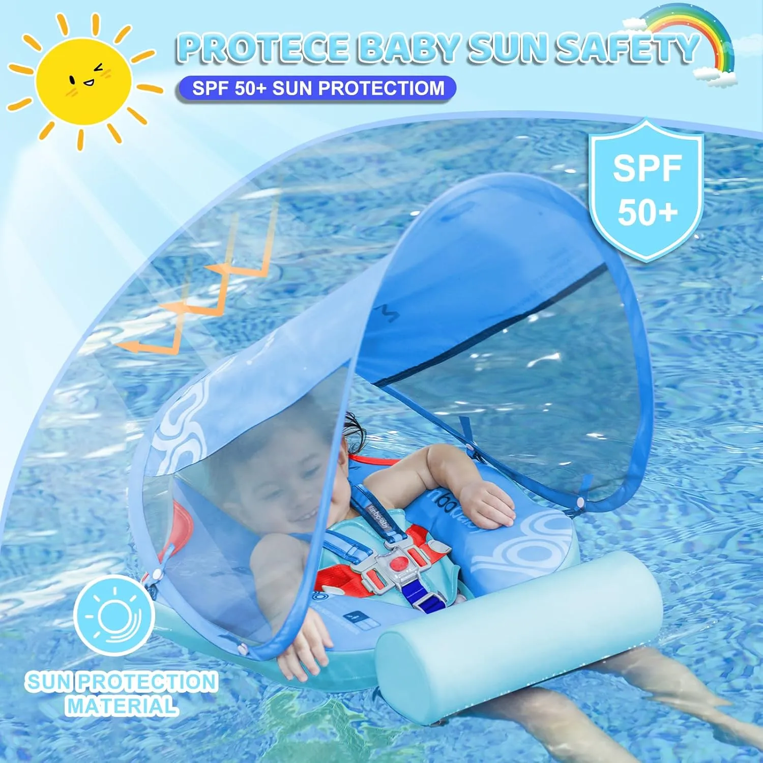 Mambobaby Baby Pool Float with Canopy & Tail Non-Inflatable Solid Baby Swim Float for Infants Toddlers 3-24 Months Upgrade Soft Waterproof Skin-Friendly Material Infant Swimming Float