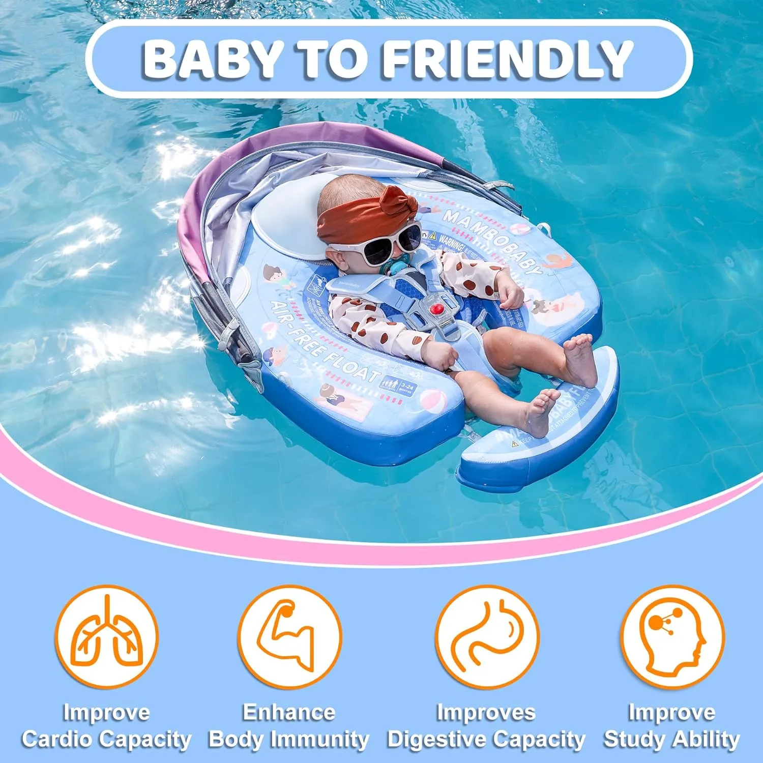 Mambobaby Baby Pool Float with Canopy & Tail Non-Inflatable Solid Baby Swim Float for Infants Toddlers 3-24 Months Upgrade Soft Waterproof Skin-Friendly Material Infant Swimming Float