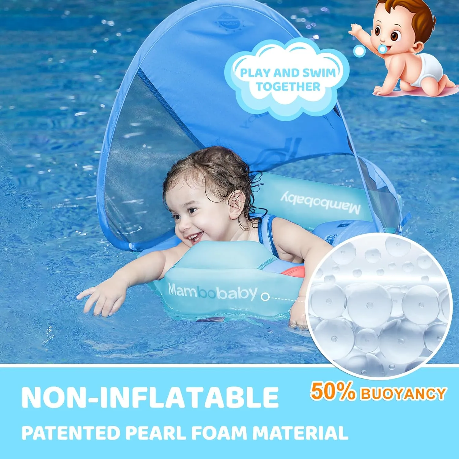 Mambobaby Baby Pool Float with Canopy & Tail Non-Inflatable Solid Baby Swim Float for Infants Toddlers 3-24 Months Upgrade Soft Waterproof Skin-Friendly Material Infant Swimming Float