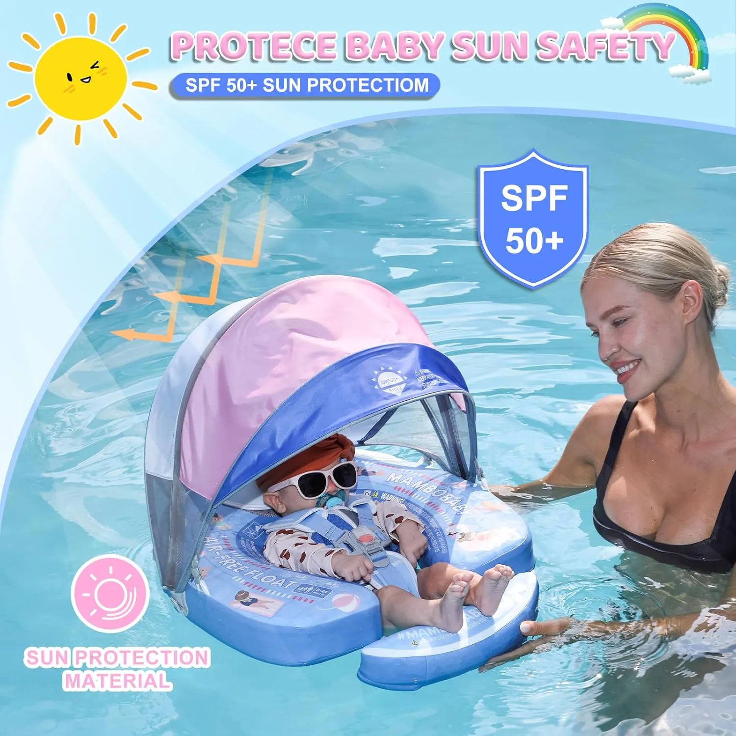 Mambobaby Baby Pool Float with Canopy & Tail Non-Inflatable Solid Baby Swim Float for Infants Toddlers 3-24 Months Upgrade Soft Waterproof Skin-Friendly Material Infant Swimming Float