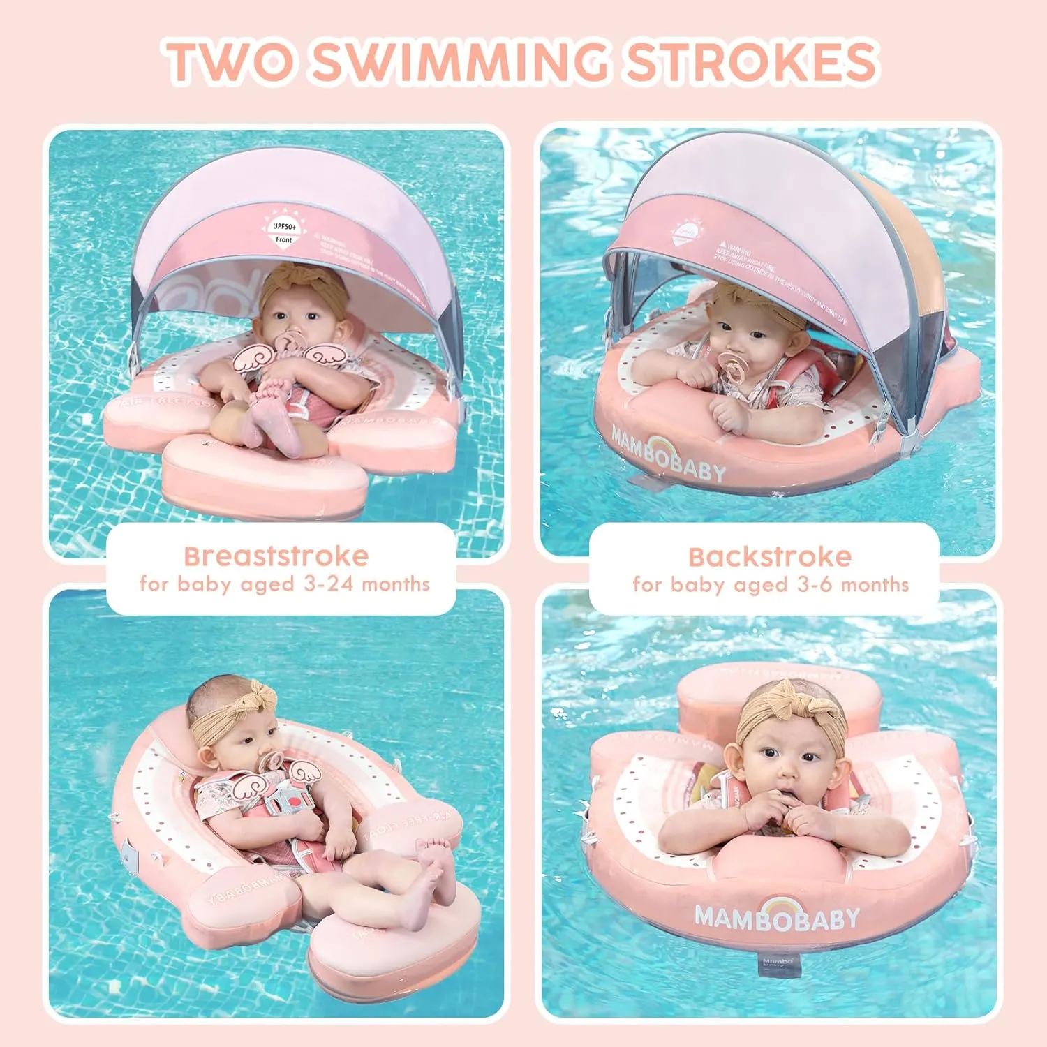 Mambobaby Baby Pool Float with Canopy, Non-Inflatable Infant Floats with Tail Solid Upgrade Soft Waterproof Skin-Friendly Mambo Baby Swimming Float for 3-24 Months Baby Boys Girls