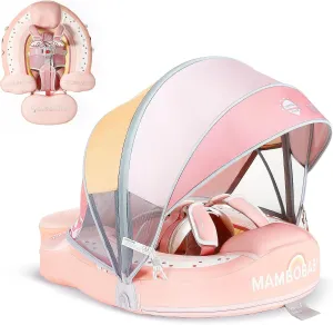 Mambobaby Baby Pool Float with Canopy, Non-Inflatable Infant Floats with Tail Solid Upgrade Soft Waterproof Skin-Friendly Mambo Baby Swimming Float for 3-24 Months Baby Boys Girls