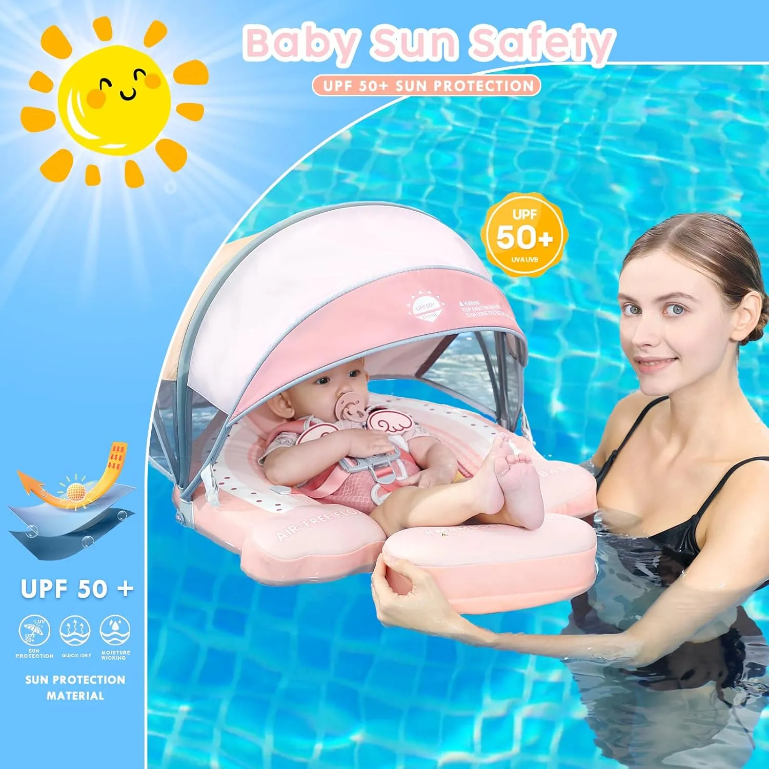 Mambobaby Baby Pool Float with Canopy, Non-Inflatable Infant Floats with Tail Solid Upgrade Soft Waterproof Skin-Friendly Mambo Baby Swimming Float for 3-24 Months Baby Boys Girls