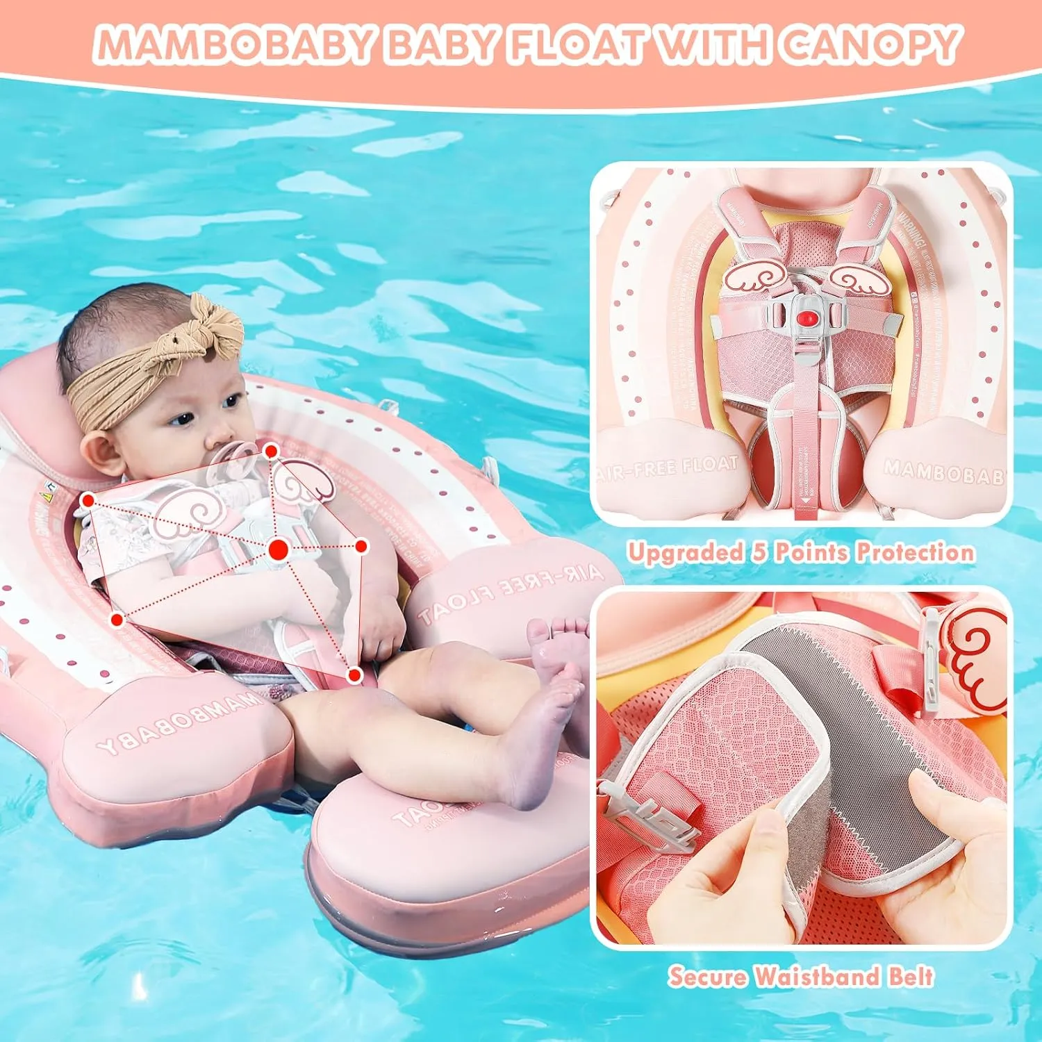 Mambobaby Baby Pool Float with Canopy, Non-Inflatable Infant Floats with Tail Solid Upgrade Soft Waterproof Skin-Friendly Mambo Baby Swimming Float for 3-24 Months Baby Boys Girls