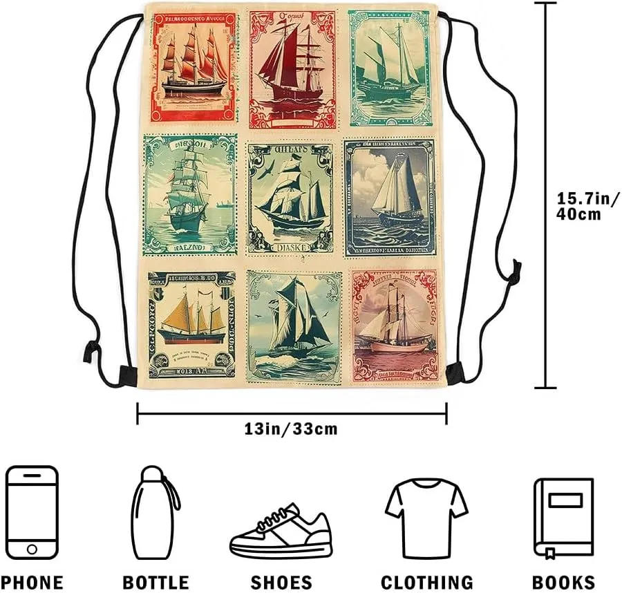 Manfei Navigation Sailboat Drawstring Backpack,Ocean Adventure Nautical Theme Drawstring Bag,Vintage Brown Stamp Squares Patchwork Draw String Bag Gym Packs Large Capacity,Lightweight