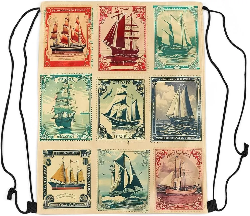 Manfei Navigation Sailboat Drawstring Backpack,Ocean Adventure Nautical Theme Drawstring Bag,Vintage Brown Stamp Squares Patchwork Draw String Bag Gym Packs Large Capacity,Lightweight
