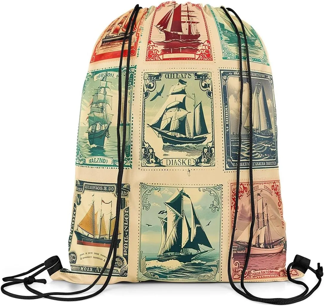 Manfei Navigation Sailboat Drawstring Backpack,Ocean Adventure Nautical Theme Drawstring Bag,Vintage Brown Stamp Squares Patchwork Draw String Bag Gym Packs Large Capacity,Lightweight