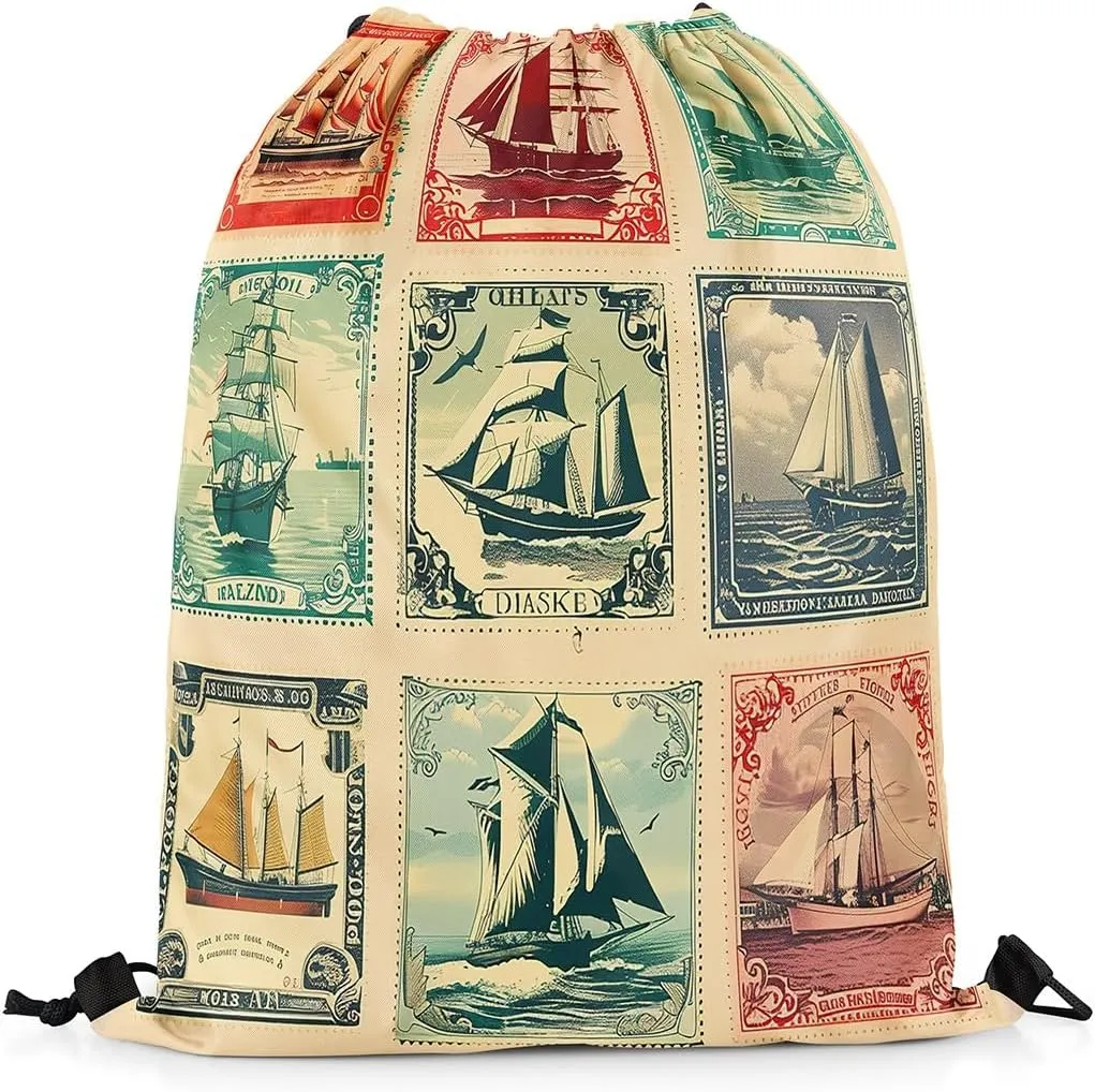 Manfei Navigation Sailboat Drawstring Backpack,Ocean Adventure Nautical Theme Drawstring Bag,Vintage Brown Stamp Squares Patchwork Draw String Bag Gym Packs Large Capacity,Lightweight