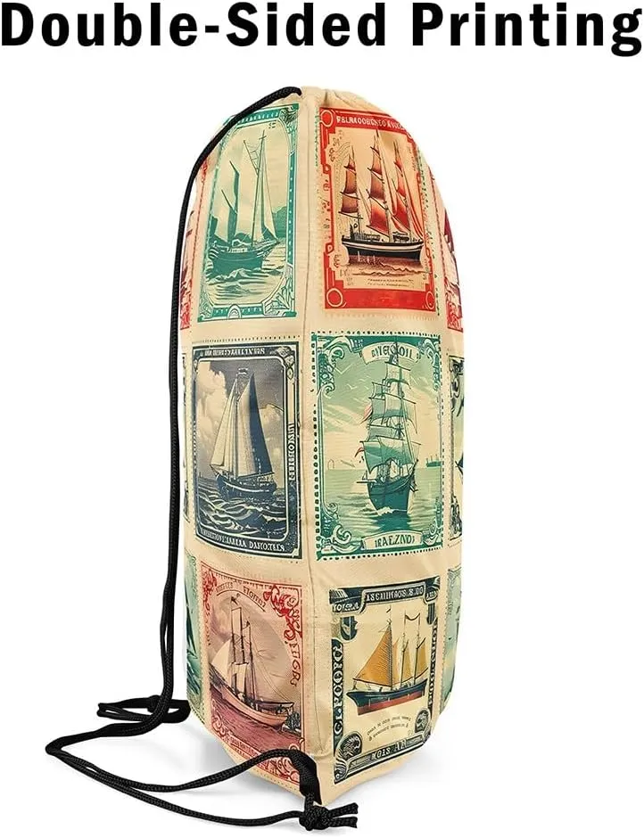 Manfei Navigation Sailboat Drawstring Backpack,Ocean Adventure Nautical Theme Drawstring Bag,Vintage Brown Stamp Squares Patchwork Draw String Bag Gym Packs Large Capacity,Lightweight