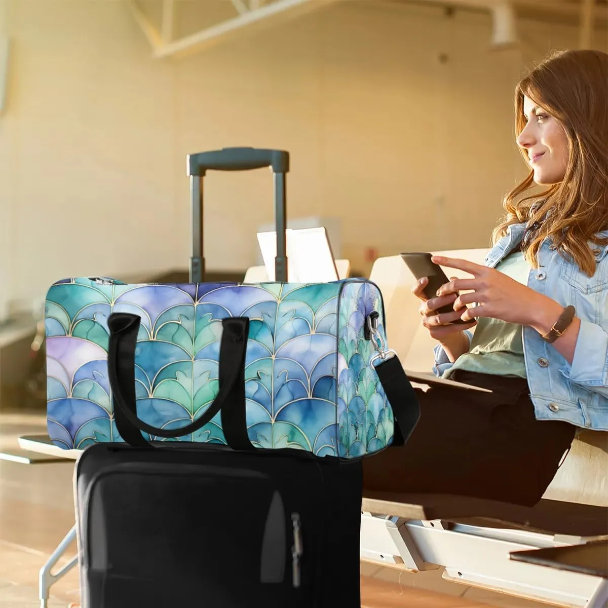 Marble Floral Design Travel Duffel Bag for Women Men Waterproof Foldable Overnight Weekender Bag Large Capacity Sports Gym Bag