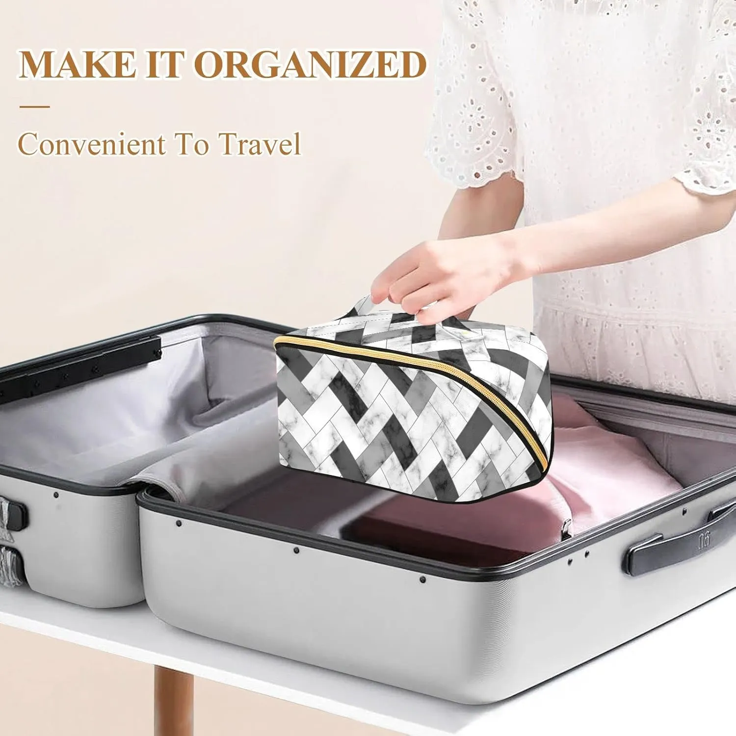 Marble Texture Large Capacity Cosmetic Bag Travel Makeup Bags with Large Opening and Handle Twill Cosmetic Organizer for Women